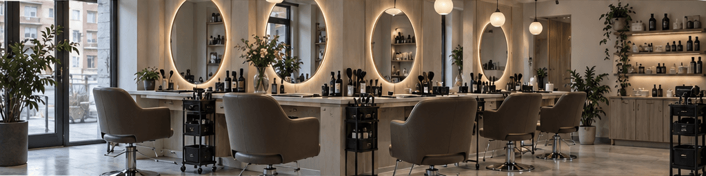 Interior de un salón de belleza con estaciones de peinado