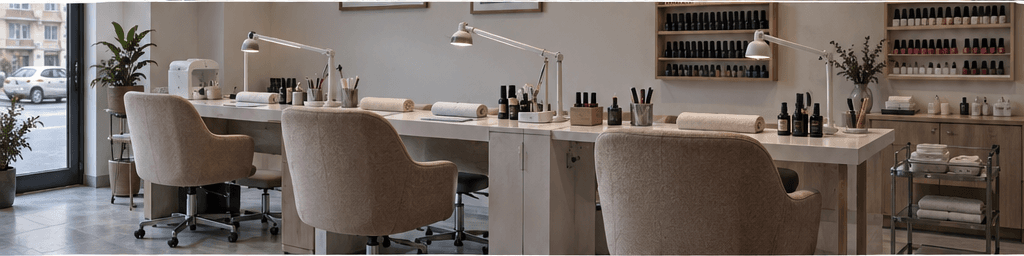 Interior de un salón de uñas con mesas de manicure