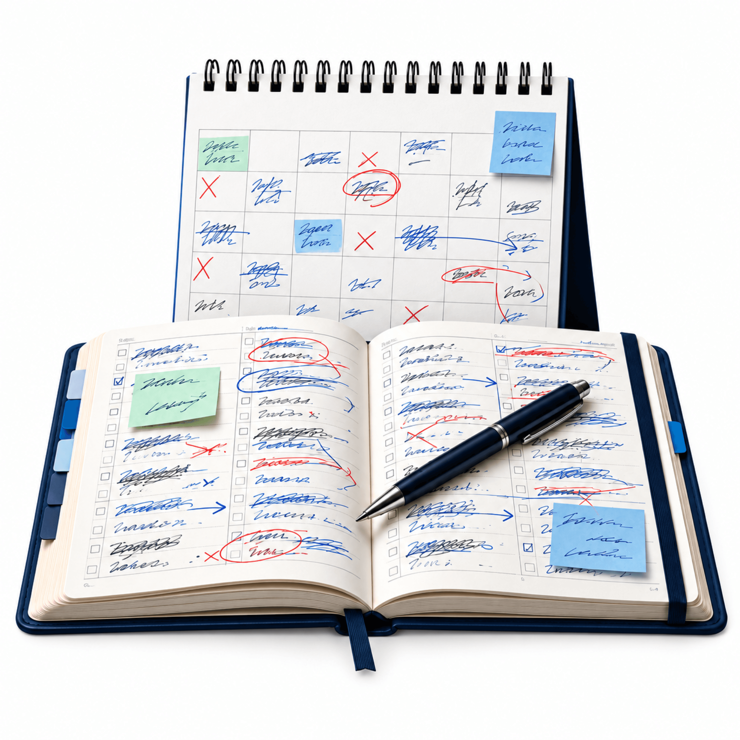 Agenda y calendario de papel llenos de anotaciones, tachados y notas adhesivas